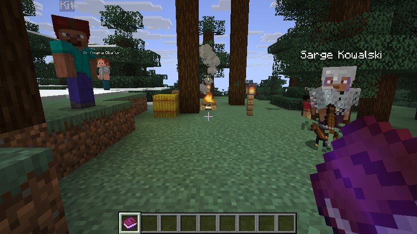 The ZARP camp near spawn: named NPCs around a campfire, with a mark over the one who has work for you