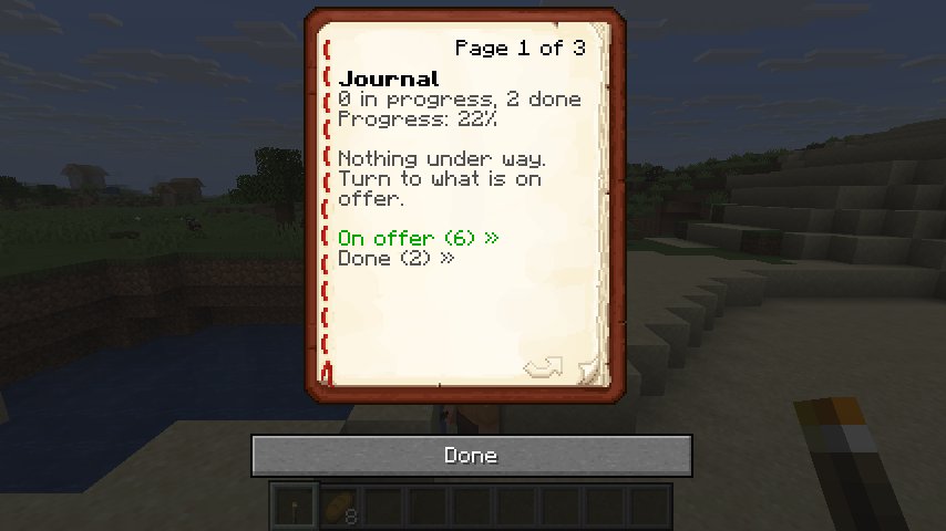 The Chronicler journal open on a vanilla client: progress, what is on offer and what is done