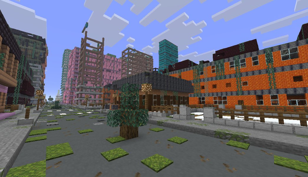 A ruined plaza - a roundabout statue still standing in the distance.