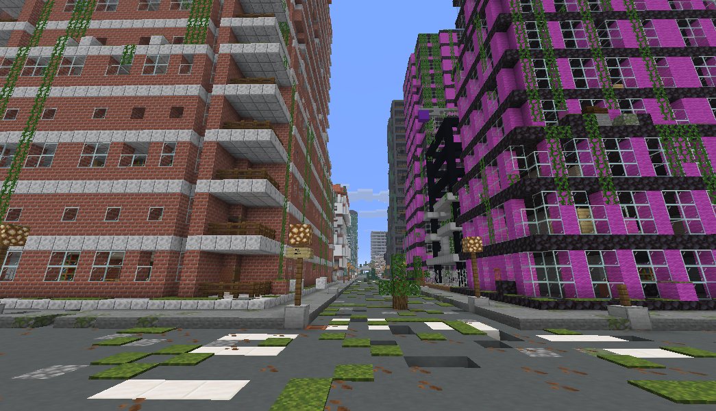 A ruined street, cracked crosswalk, buildings gone to moss.