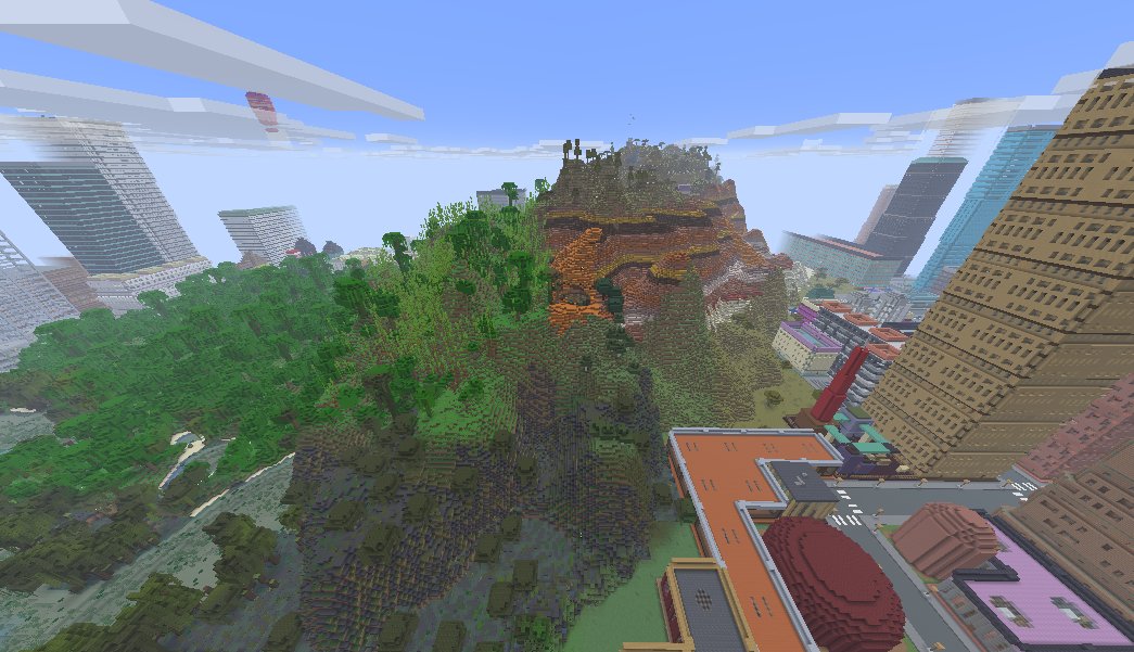 CityWorld's own terrain pushes right through downtown - a peak between the towers.
