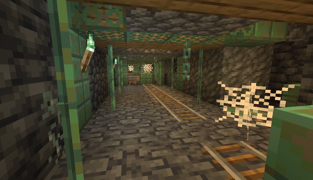 Copper-age mine tunnels - rails, lanterns, and (if you're unlucky) a cave-spider nest.