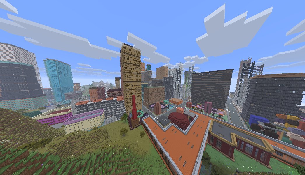 A CityWorld ReForged skyline, generated procedurally from a world seed