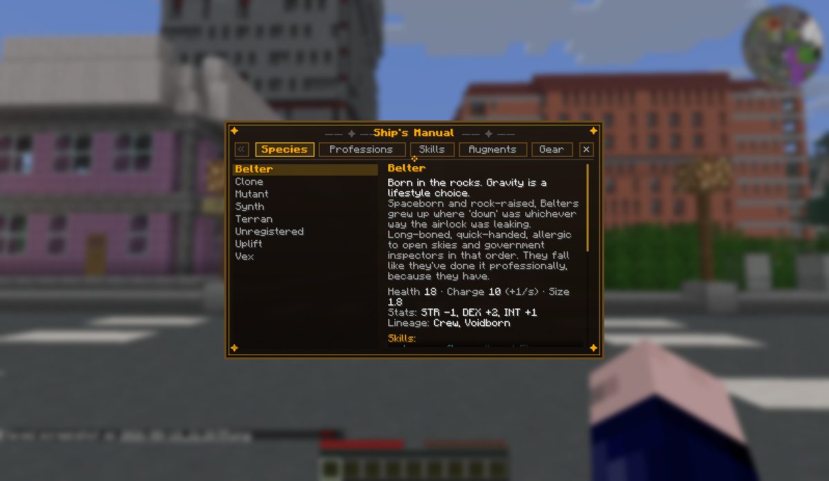 The Ship's Manual showing Species, with the Belter entry open