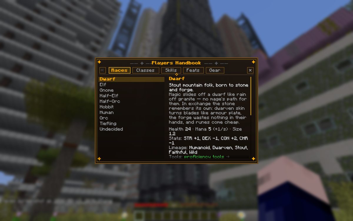 The Players Handbook showing Races, with the Dwarf entry open