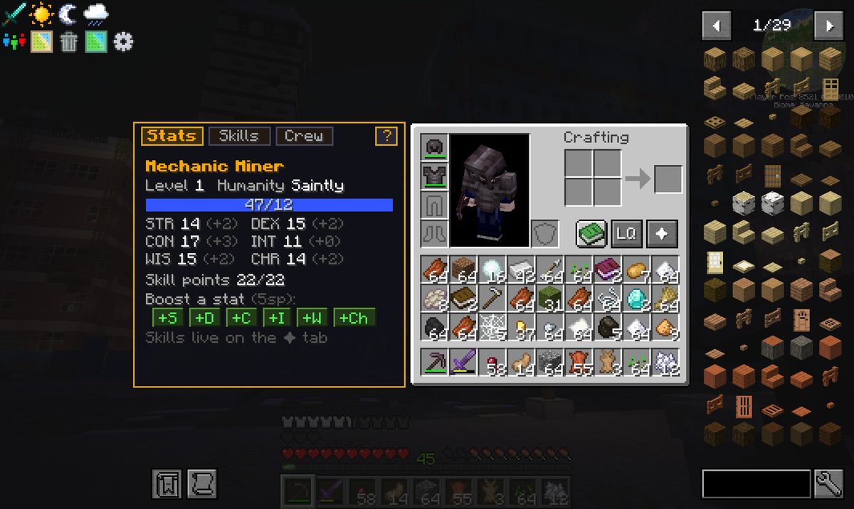 A character panel reading Mechanic Miner, Humanity Saintly, with a Crew tab