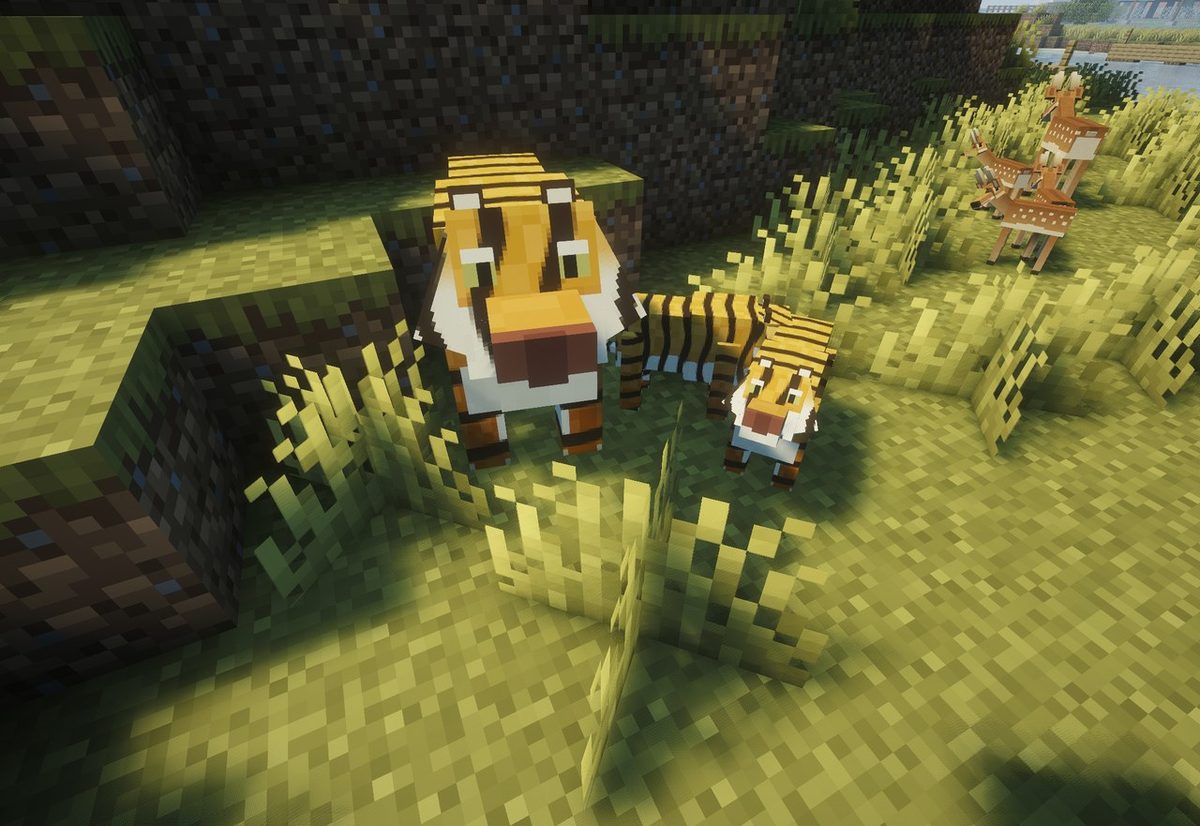 A tiger and her cub in the grass, a deer behind them.